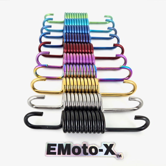 Emotox titanium kickstand springs for surron light bee and all talaria emoto bikes shown in a variety of anodized colors. 